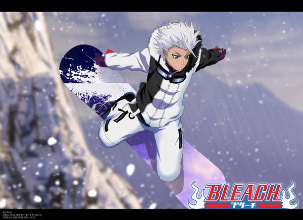 Anime picture 1680x1222 with bleach studio pierrot hitsugaya toushirou drlinux single short hair green eyes white hair blurry inscription depth of field coloring snowing letterboxed winter snow mountain boy gloves goggles