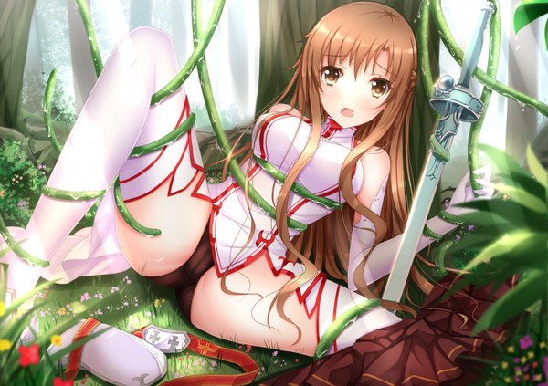 Anime picture 1680x1187 with sword art online a-1 pictures yuuki asuna swordsouls single long hair looking at viewer open mouth light erotic brown hair brown eyes spread legs cameltoe girl thighhighs gloves underwear panties weapon plant (plants)