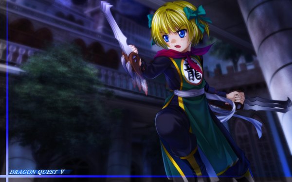 Anime picture 1440x900 with dragon quest dragon quest v fighter (dq3) bianca's daughter mutsuki (moonknives) short hair blue eyes blonde hair wide image chinese clothes cosplay bow hair bow chinese dress claws castle fighter (dq3) (cosplay)