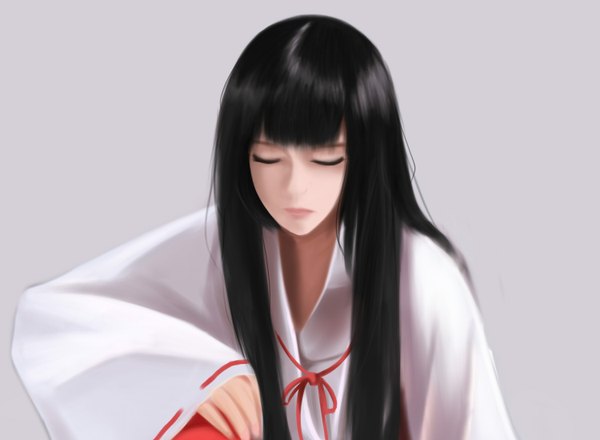 Anime picture 3000x2200 with original shiguru single long hair fringe highres black hair simple background eyes closed long sleeves traditional clothes japanese clothes grey background wide sleeves miko girl