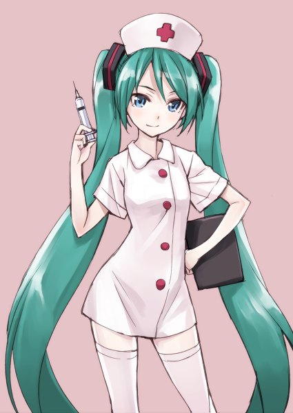 Anime picture 850x1200 with vocaloid hatsune miku matsuryuu single tall image looking at viewer blue eyes simple background twintails very long hair aqua hair zettai ryouiki hand on hip pink background nurse girl thighhighs dress white thighhighs nurse cap