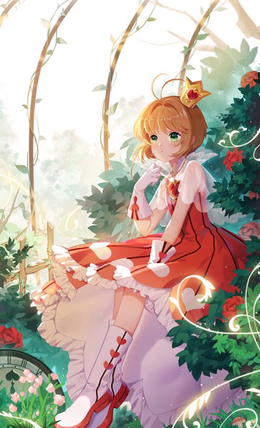 Anime picture 1516x2490 with card captor sakura clamp kinomoto sakura duximeng single tall image blush fringe short hair brown hair sitting green eyes looking away full body ahoge blunt bangs parted lips short sleeves legs striped