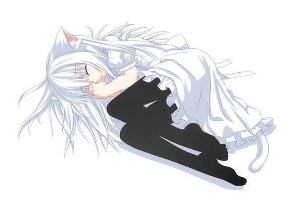 Anime picture 1000x718 with original d2c single long hair simple background white background animal ears white hair eyes closed cat ears cat girl cat tail sleeping girl dress pantyhose