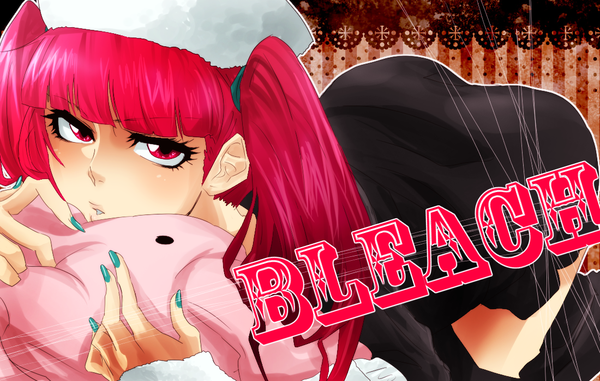 Anime picture 1100x700 with bleach studio pierrot dokugamine riruka single long hair looking at viewer red eyes twintails red hair nail polish aqua nail polish girl dress pillow cap