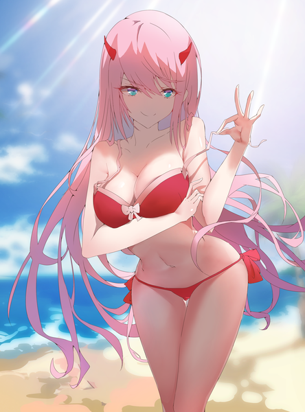 Anime picture 2480x3348 with darling in the franxx studio trigger zero two (darling in the franxx) yushi quetzalli single long hair tall image fringe highres breasts light erotic hair between eyes large breasts pink hair horn (horns) aqua eyes sunlight beach breast hold girl