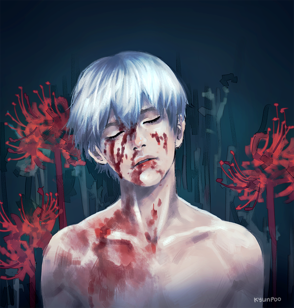 Anime picture 1000x1045 with tokyo ghoul studio pierrot kaneki ken kyunpoo single tall image fringe short hair hair between eyes signed silver hair upper body eyes closed parted lips head tilt realistic dark background blood on face boy flower (flowers)