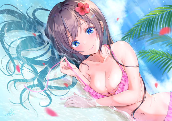 Anime picture 2047x1447 with original mizuka nayuki single long hair looking at viewer blush fringe highres breasts blue eyes light erotic brown hair bare shoulders brown eyes signed sky cloud (clouds) outdoors lying hair flower
