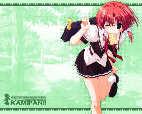 Anime picture 1280x1024 with kamipani (game) kahara mizuki shintarou mouth hold uniform school uniform