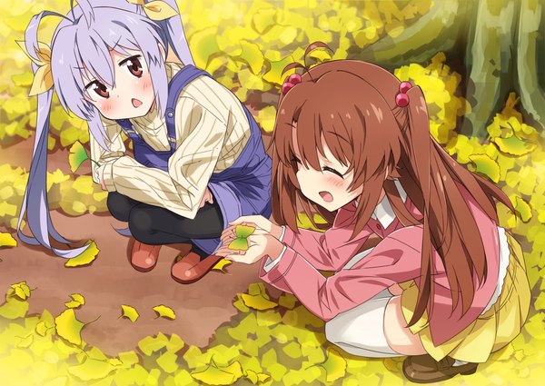 Anime picture 3035x2149 with non non biyori silver link miyauchi renge koshigaya komari mousou (mousou temporary) long hair highres open mouth brown hair twintails multiple girls brown eyes absurdres purple hair ahoge eyes closed long sleeves from above two side up squat