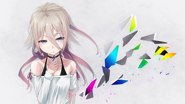 Anime picture 1280x720 with vocaloid ia (vocaloid) bute (butegram) single long hair looking at viewer blush simple background wide image purple eyes bare shoulders white hair long sleeves wind grey background short sleeves girl choker