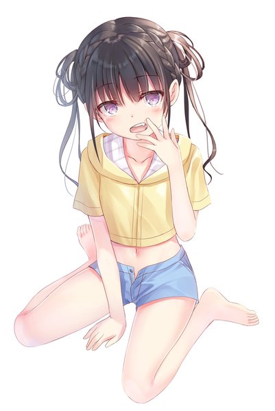 Anime picture 1280x1916 with original na-ga single tall image looking at viewer blush fringe short hair open mouth black hair simple background white background sitting purple eyes full body braid (braids) barefoot bare legs short sleeves midriff
