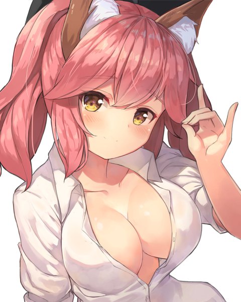 Anime picture 1200x1500 with fate (series) fate/grand order fate/extra tamamo (fate) (all) tamamo no mae (fate) motokonut single tall image looking at viewer blush fringe short hair breasts light erotic simple background smile large breasts white background twintails animal ears