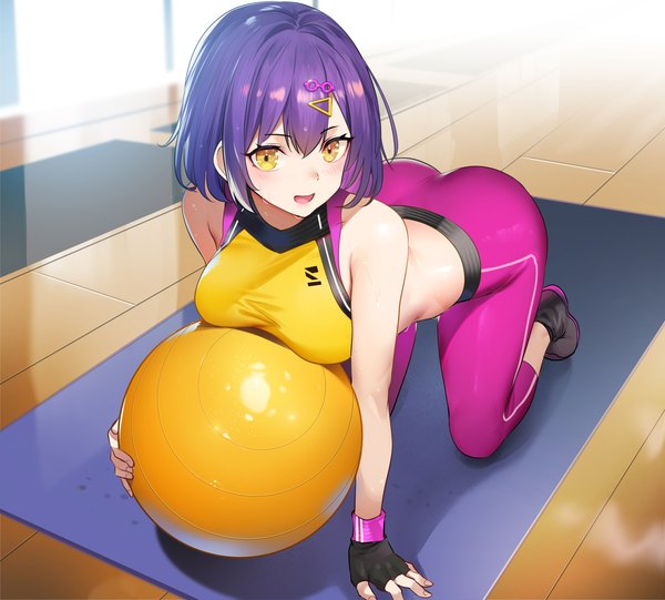 Anime picture 3010x2714 with original teddy (khanshin) single looking at viewer blush fringe highres short hair breasts open mouth light erotic smile hair between eyes bare shoulders yellow eyes absurdres purple hair full body ass indoors