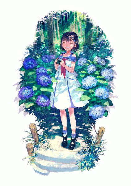 Anime picture 744x1052 with original maeya susumu single tall image short hair black hair smile full body outdoors eyes closed grin shaded face ^ ^ summer girl flower (flowers) camera hydrangea sailor dress