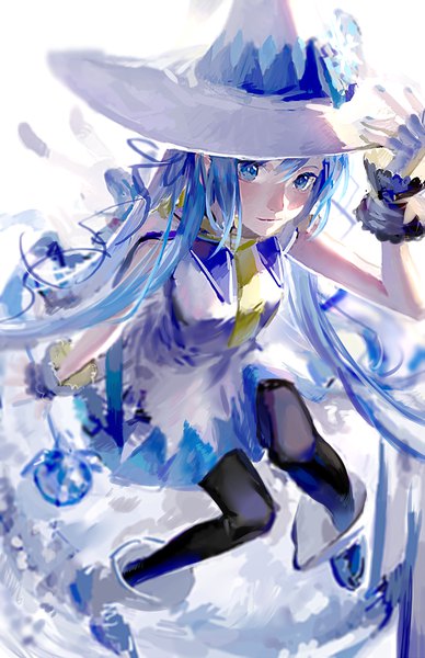 Anime picture 600x927 with vocaloid suki! yuki! maji magic (vocaloid) hatsune miku yuki miku yuki miku (2014) qiqu single tall image looking at viewer fringe blue eyes hair between eyes sitting blue hair full body very long hair nail polish from above sleeveless adjusting hat