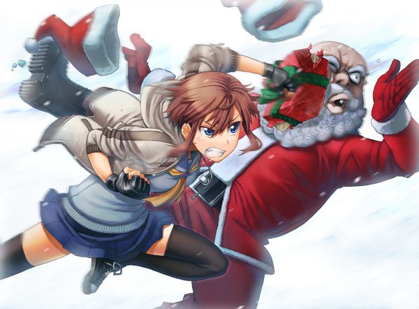 Anime picture 1500x1106 with original santa claus itou (onsoku tassha) short hair blue eyes simple background brown hair white background christmas merry christmas girl thighhighs boy skirt gloves uniform black thighhighs school uniform hat belt