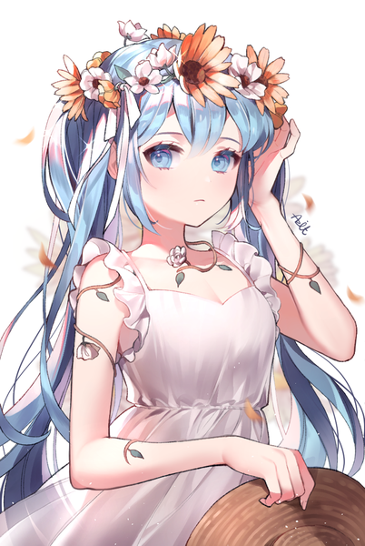 Anime picture 803x1197 with vocaloid hatsune miku azit (down) single long hair tall image looking at viewer blush fringe breasts blue eyes simple background hair between eyes standing white background signed payot blue hair cleavage hair flower