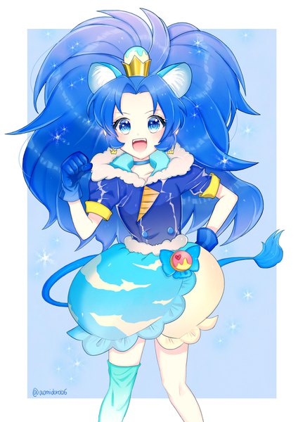 Anime picture 2480x3508 with precure kirakira precure a la mode toei animation tategami aoi cure gelato sasano etsu single long hair tall image looking at viewer highres open mouth blue eyes signed animal ears blue hair tail animal tail sparkle hand on hip