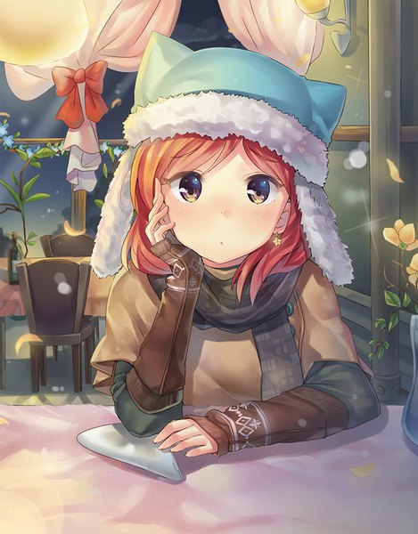 Anime picture 782x1000 with love live! school idol project sunrise (studio) love live! nishikino maki d match single tall image looking at viewer blush fringe short hair yellow eyes upper body red hair indoors night arm support sparkle fur trim alternate eye color