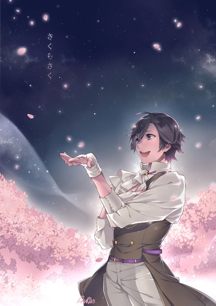 Anime picture 1011x1431 with uta no prince-sama a-1 pictures ichinose hayato tagme (artist) single tall image short hair open mouth blue eyes smile standing looking away purple hair grey hair night grey eyes night sky cherry blossoms outstretched arm hand on chest