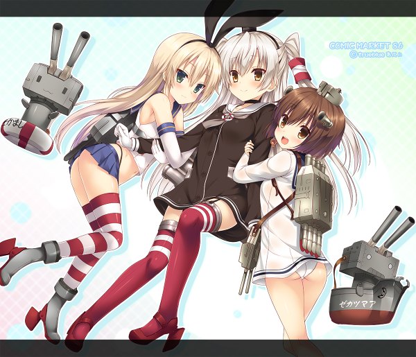 Anime picture 1200x1030 with kantai collection shimakaze destroyer rensouhou-chan amatsukaze destroyer rensouhou-kun yukikaze destroyer any (trueblue) long hair blush short hair blue eyes light erotic blonde hair smile brown hair bare shoulders multiple girls brown eyes white hair two side up