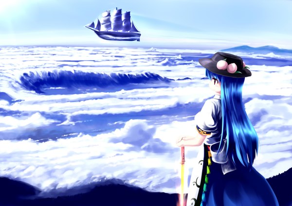 Anime-Bild 1600x1132 mit touhou hinanawi tenshi abchipika single long hair red eyes blue hair sky cloud (clouds) from behind girl hat sword fruit aircraft watercraft ship airship