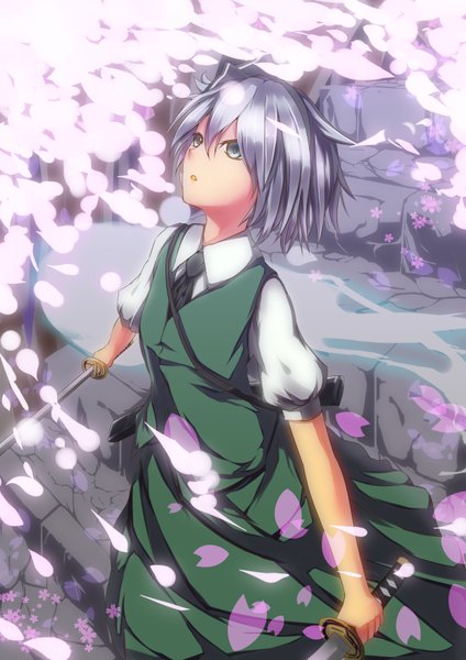 Anime picture 2480x3507 with touhou konpaku youmu three k (spiritus no honoo) tall image highres short hair blue eyes silver hair girl dress skirt flower (flowers) weapon petals sword katana skirt set