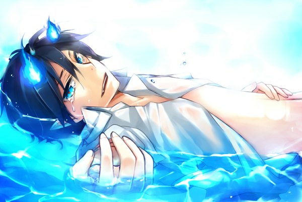 Anime picture 1170x782 with ao no exorcist a-1 pictures okumura rin mukkun single looking at viewer short hair open mouth blue eyes black hair lying pointy ears open clothes open shirt tears glowing crying boy shirt water