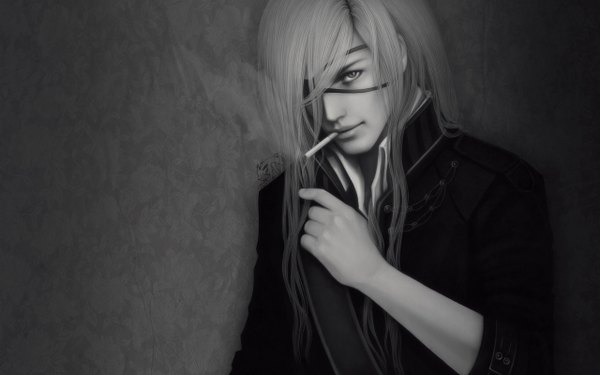 Anime picture 2560x1600 with dogs: bullets & carnage david production badou nails ripa666 single long hair looking at viewer highres open mouth wide image white hair realistic monochrome pale skin open collar smoking twisty sleeves boy shirt jacket
