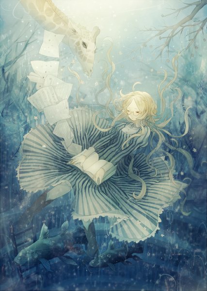 Anime picture 712x1000 with original asuda (artist) long hair tall image blonde hair indoors eyes closed underwater girl dress animal glasses book (books) knee boots bubble (bubbles) fish (fishes) branch stairs paper library