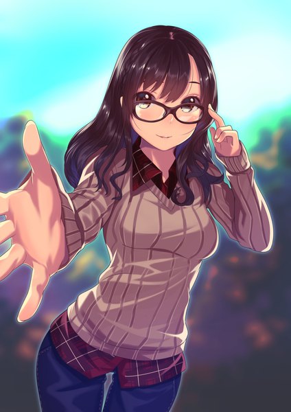 Anime picture 1280x1810 with original kagematsuri single long hair tall image looking at viewer black hair smile brown eyes outstretched arm adjusting glasses girl glasses sweater jeans blue jeans