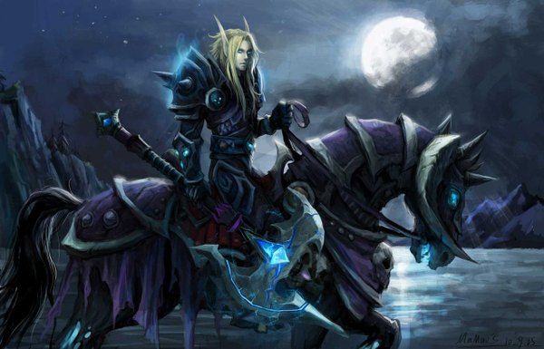 Anime picture 1280x822 with world of warcraft blizzard entertainment blood elf long hair blonde hair horn (horns) pointy ears glowing elf glowing eye (eyes) riding boy water armor star (stars) full moon crystal horse axe thorns