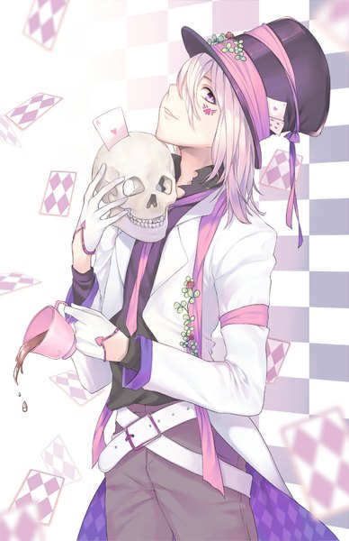 Anime picture 700x1082 with alice in wonderland original mad hatter naguri single tall image looking at viewer short hair purple eyes white hair checkered background boy gloves hat belt white gloves cup skull card (cards) top hat