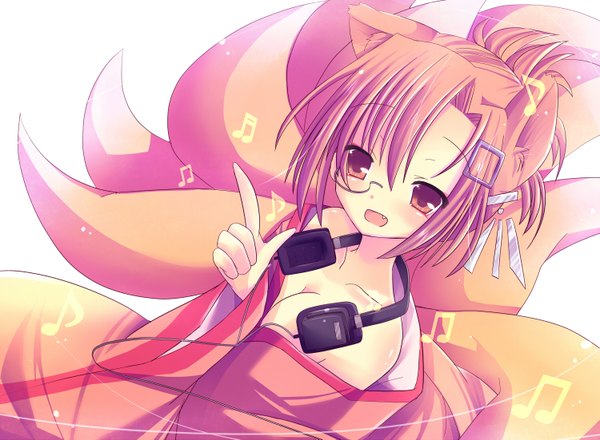 Anime picture 1500x1101 with ringonotane (muku) single looking at viewer blush short hair open mouth red eyes bare shoulders red hair japanese clothes teeth fang (fangs) fox ears fox tail fox girl pointing girl hair ornament glasses kimono