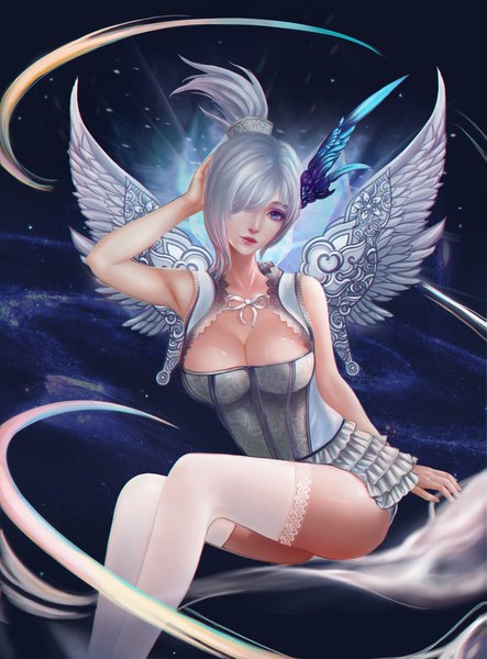 Anime picture 1359x1840 with blade & soul moulee single tall image looking at viewer fringe short hair breasts blue eyes light erotic cleavage white hair hair over one eye girl thighhighs hair ornament white thighhighs wings