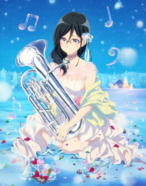 Anime picture 1500x1898 with hibike! euphonium kyoto animation tanaka asuka single long hair tall image blue eyes black hair girl dress flower (flowers) petals glasses white dress musical instrument musical note euphonium