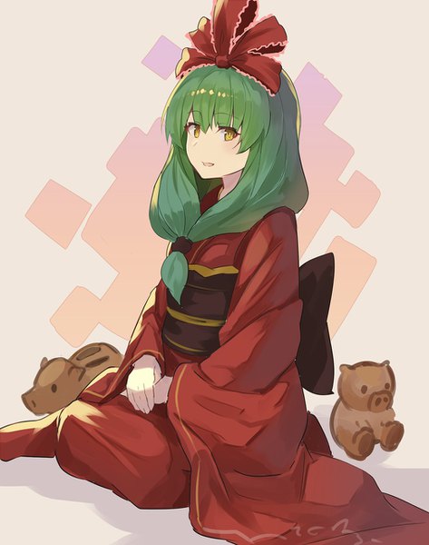 Anime picture 1016x1288 with touhou kagiyama hina rin falcon single long hair tall image looking at viewer fringe sitting yellow eyes traditional clothes japanese clothes green hair new year girl bow hair bow animal kimono obi