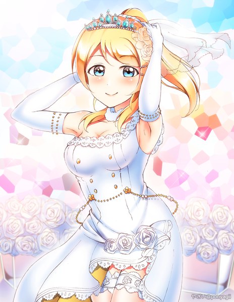 Anime picture 1160x1500 with love live! school idol project sunrise (studio) love live! ayase eli ponyagii single long hair tall image looking at viewer blush breasts blue eyes blonde hair smile large breasts standing signed payot cleavage ponytail