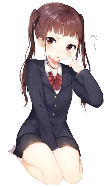 Anime picture 1200x2048 with original umibouzu (niito) single long hair tall image blush fringe simple background brown hair white background twintails brown eyes full body no shoes :p between legs seiza akanbe girl uniform