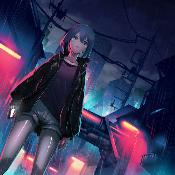 Anime picture 1736x1736 with original fixro2n single looking at viewer fringe highres short hair blue eyes smile hair between eyes standing holding cloud (clouds) outdoors night open jacket from below dutch angle night sky grin