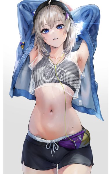 Anime picture 2623x4105 with girls frontline nike aa-12 (girls frontline) 0000 (asd7083) single tall image looking at viewer blush fringe highres short hair breasts open mouth blue eyes simple background hair between eyes standing ahoge head tilt grey hair