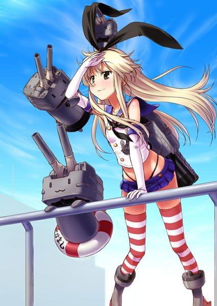 Anime picture 753x1062 with kantai collection shimakaze destroyer rensouhou-chan aoi rando long hair tall image blush blonde hair looking away grey eyes zettai ryouiki :3 girl thighhighs skirt gloves hair ornament underwear panties ribbon (ribbons)