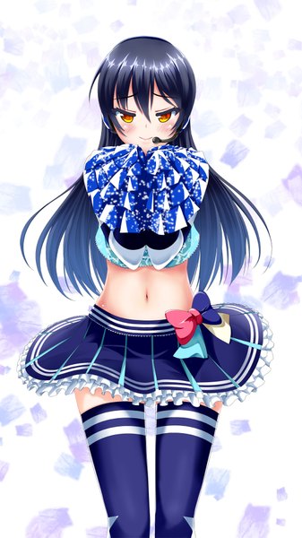 Anime picture 1080x1920 with love live! school idol project sunrise (studio) love live! sonoda umi jingangshi single long hair tall image looking at viewer blush smile yellow eyes blue hair midriff cheerleader girl thighhighs skirt navel bow
