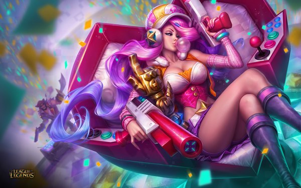 Anime picture 1920x1200 with league of legends miss fortune (league of legends) arcade miss fortune (league of legends) gangplank (league of legends) michelle hoefener looking at viewer highres breasts blue eyes light erotic wide image sitting blue hair pink hair purple hair very long hair nail polish multicolored hair fingernails lips