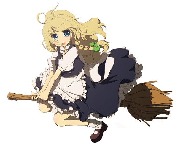Anime picture 1274x1062 with touhou kirisame marisa lefthand single long hair open mouth blue eyes simple background blonde hair white background looking away full body ahoge braid (braids) side braid witch broom riding girl skirt ribbon (ribbons)
