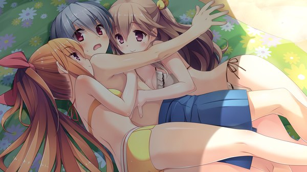 Anime picture 1920x1080 with kurano kun chi no futago jijou kurano mikoto kurano izumi kanekiyo miwa long hair highres short hair light erotic blonde hair red eyes wide image purple eyes multiple girls game cg silver hair ponytail orange hair hug girl boy