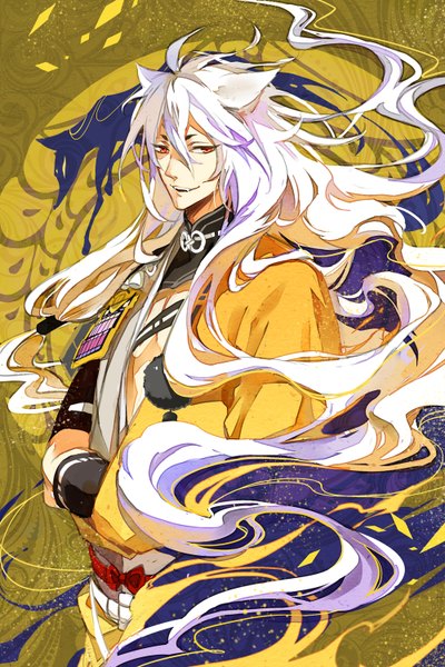 Anime picture 1000x1500 with touken ranbu nitroplus kogitsunemaru niaoniao single long hair tall image looking at viewer smile red eyes animal ears ahoge traditional clothes japanese clothes wind boy