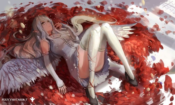 Anime picture 1700x1020 with original pixiv fantasia pixiv fantasia t sishenfan single long hair looking at viewer light erotic wide image yellow eyes pointy ears grey hair on back angel wings girl thighhighs gloves petals white thighhighs wings