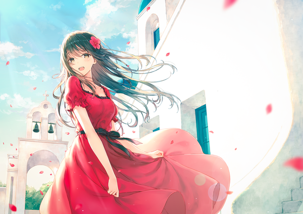 Anime picture 1414x1000 with original hiten (hitenkei) single long hair looking at viewer blush fringe open mouth black hair smile hair between eyes standing brown eyes sky cloud (clouds) outdoors :d hair flower wind short sleeves