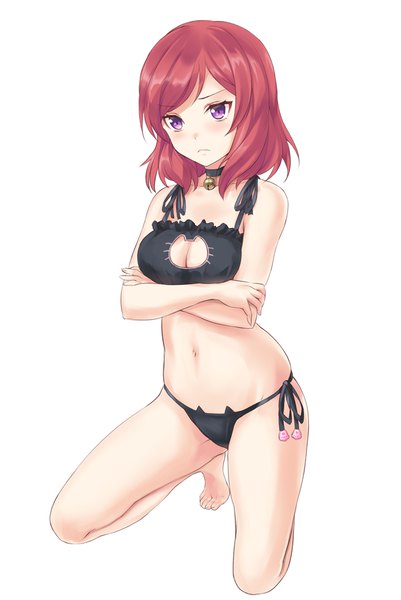 Anime picture 750x1120 with love live! school idol project sunrise (studio) love live! nishikino maki kotanu (kotanukiya) single tall image looking at viewer blush fringe short hair breasts light erotic simple background white background sitting purple eyes bare shoulders payot cleavage